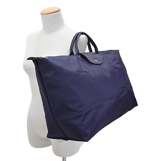 LONGCHAMP LE PLIAGE GREEN系列刺繡摺疊旅行袋(中/藍莓)1625-919-645