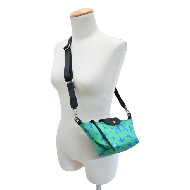 LONGCHAMP LE PLIAGE系列再生帆布撞色斜背包(迷你/野草綠)10212-HDE-531