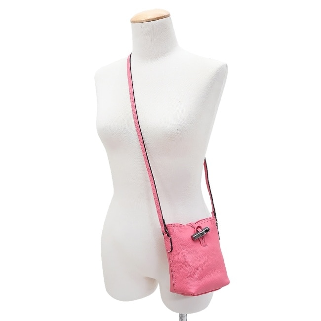 LONGCHAMP ROSEAU ESSENTIAL系列竹節牛皮斜背水桶包(迷你/石榴紅)10207-968-P76