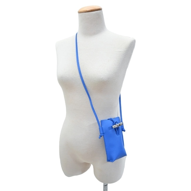 LONGCHAMP ROSEAU系列竹節卵石紋牛皮手機斜背包(鈷藍)34180-HPN-487