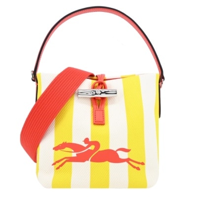 LONGCHAMP LONGCHAMP ROSEAU ESSENTIAL系列帆布條紋兩用水桶包(小/黃x白)10159-HCS-H30