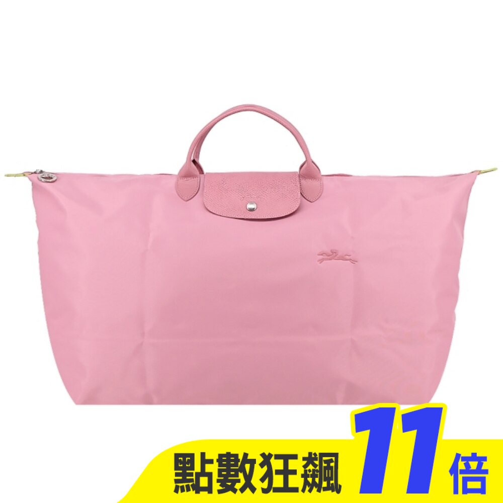 LONGCHAMP LE PLIAGE GREEN系列刺繡摺疊旅行袋(中/花瓣粉)1625-919-P72