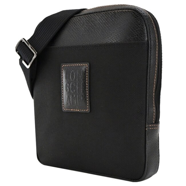 LONGCHAMP BOXFORD系列壓印皮標帆布斜背包(小/黑)1712-080-001