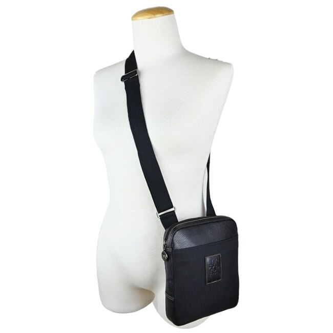 LONGCHAMP BOXFORD系列壓印皮標帆布斜背包(小/黑)1712-080-001