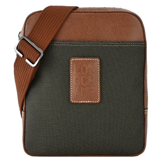 LONGCHAMP BOXFORD系列壓印皮標帆布斜背包(小/棕)1712-080-042