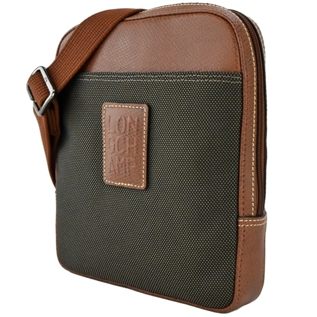 LONGCHAMP BOXFORD系列壓印皮標帆布斜背包(小/棕)1712-080-042