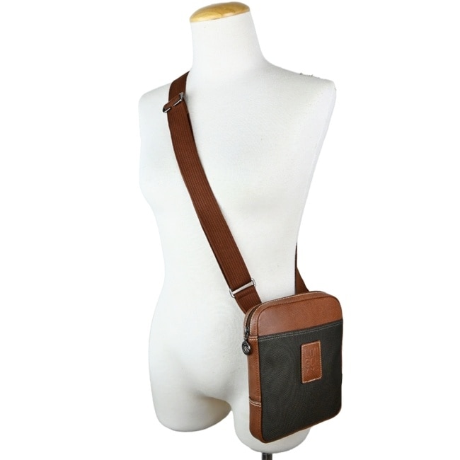 LONGCHAMP BOXFORD系列壓印皮標帆布斜背包(小/棕)1712-080-042