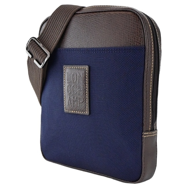 LONGCHAMP BOXFORD系列壓印皮標帆布斜背包(小/深藍)1712-080-127