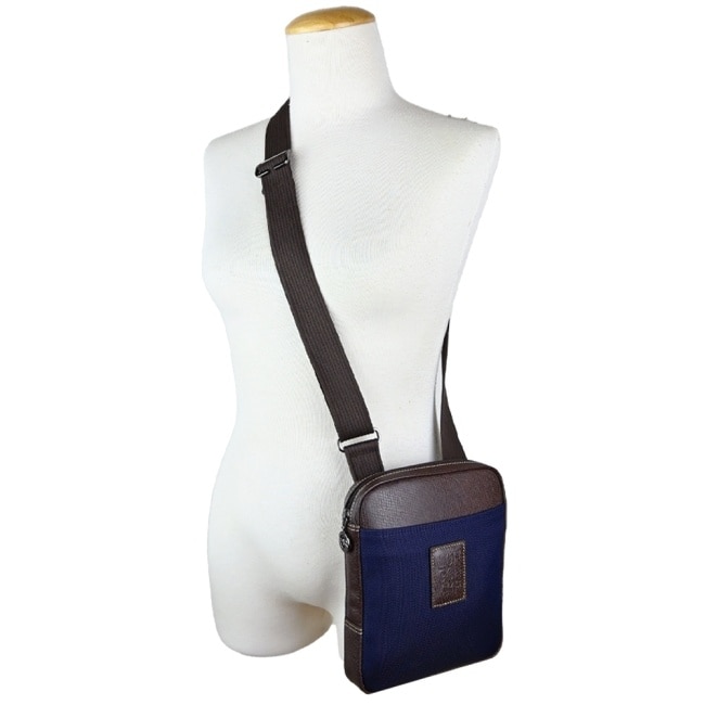 LONGCHAMP BOXFORD系列壓印皮標帆布斜背包(小/深藍)1712-080-127
