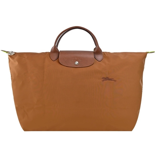 LONGCHAMP LE PLIAGE GREEN系列刺繡摺疊旅行袋(小/白蘭地酒)1624-919-504