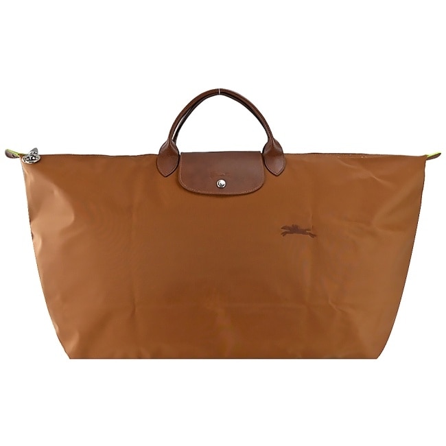 LONGCHAMP LE PLIAGE GREEN系列刺繡摺疊旅行袋(中/白蘭地酒)1625-919-504