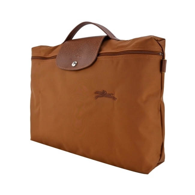 LONGCHAMP LE PLIAGE GREEN系列刺繡再生尼龍公事包(小/白蘭地酒)2182-919-504