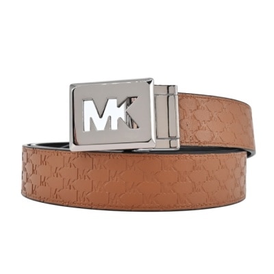 MICHAEL KORS MICHAEL KORS 銀釦鏤空LOGO滿版壓印雙面皮帶-棕/黑36F3BLLY9O-09