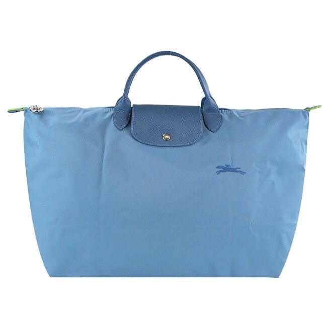 LONGCHAMP LE PLIAGE GREEN系列刺繡摺疊旅行袋(小/雷雨藍)1624-919-P58