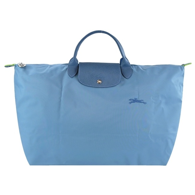 LONGCHAMP LE PLIAGE GREEN系列刺繡摺疊旅行袋(小/雷雨藍)1624-919-P58