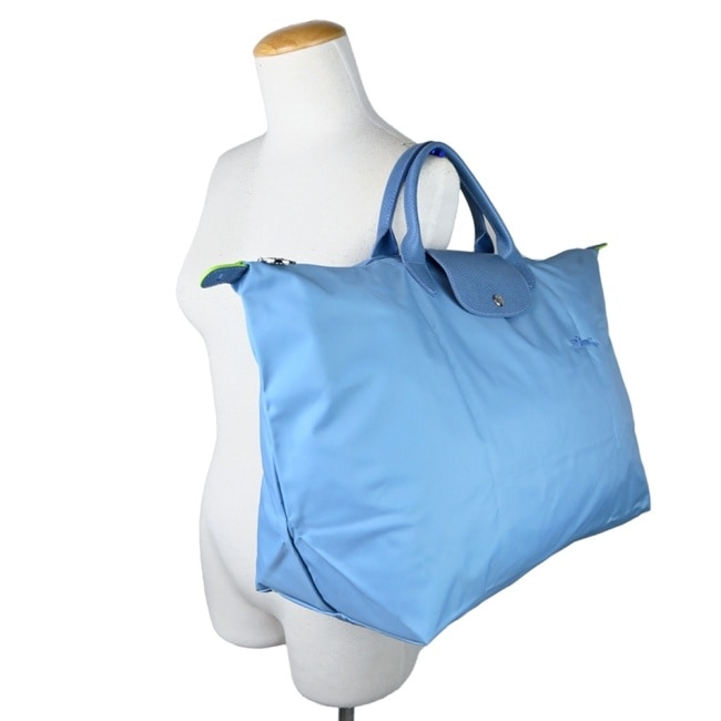 LONGCHAMP LE PLIAGE GREEN系列刺繡摺疊旅行袋(小/雷雨藍)1624-919-P58