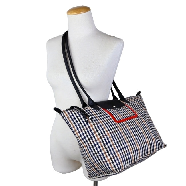 LONGCHAMP LE PLIAGE 系列千鳥格紋肩背/斜背包(藍x棕)10163-HBH-B85