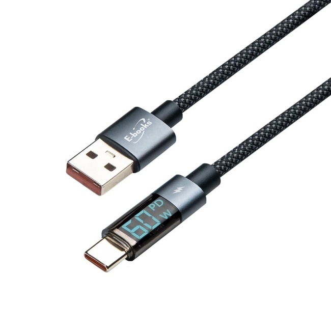 E-books XA51 鋁製 USB-A to C 60W數位顯示充電傳輸線-2M