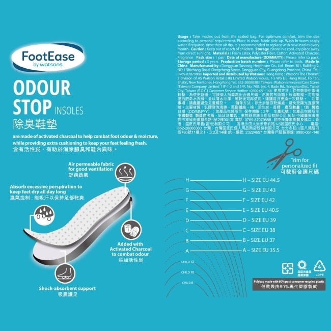 屈臣氏除臭鞋墊一對入(2024)