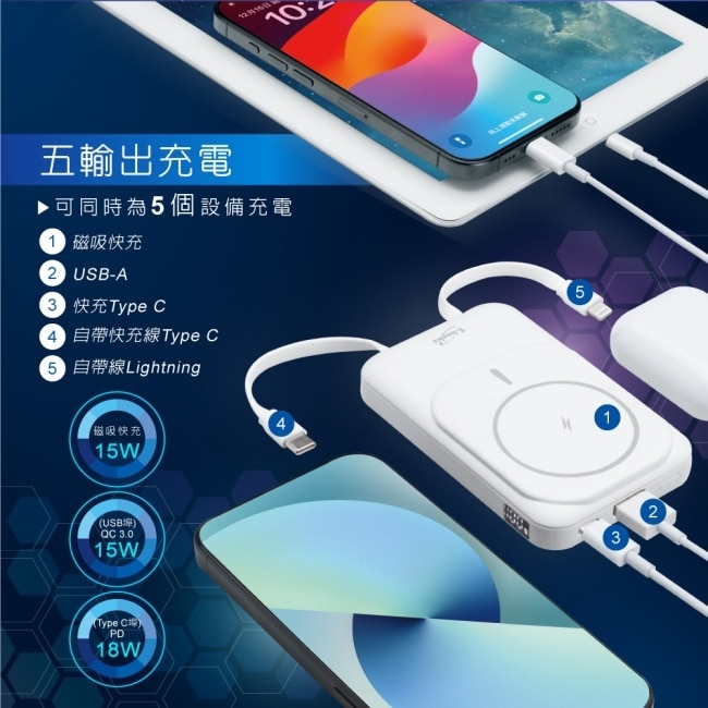 E-books B101【台灣製造】磁吸自帶雙線無線充電快充行動電源-白