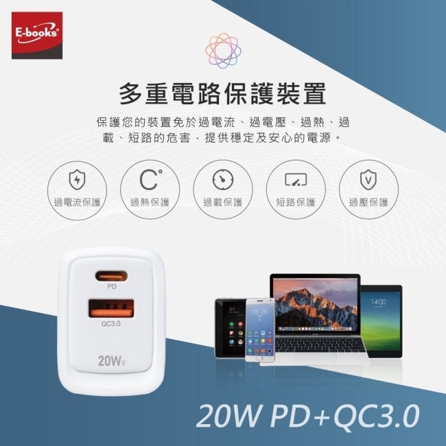 E-books B77 20W智能電流 PD+QC 3.0 雙孔快速充電器