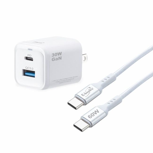 E-books B96 30W 氮化鎵PD+QC + 60W C to C 鋁製快充傳輸線組