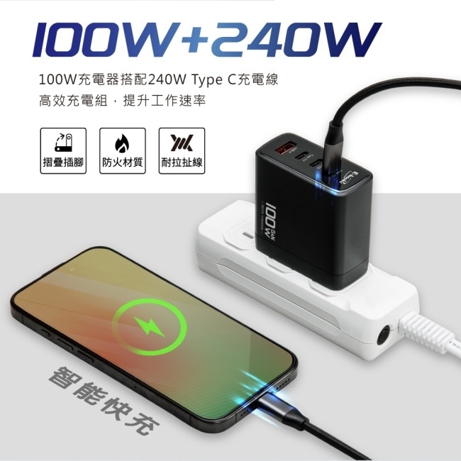 E-books B95 台灣製造 100W氮化鎵充電器+ 240W 快充傳輸線組