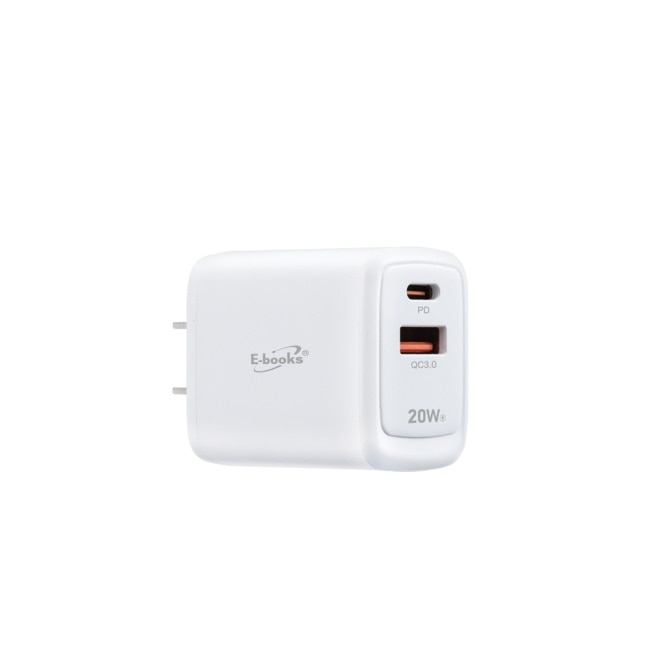 E-books B111 智能穩壓 20W PD+QC3.0雙孔快速充電器