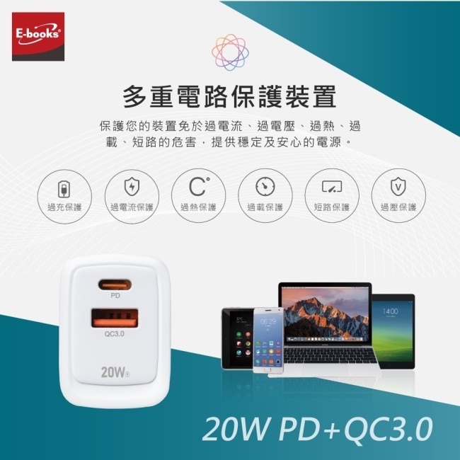 E-books B111 智能穩壓 20W PD+QC3.0雙孔快速充電器