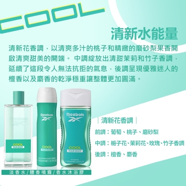 REEBOK 清新水能量女性淡香水經典限量手拿盥洗包組