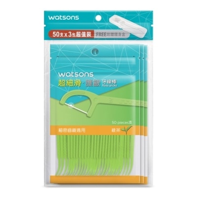 Watsons 屈臣氏 屈臣氏超細滑護齦牙線棒50支3包入(綠茶 附隨身盒)