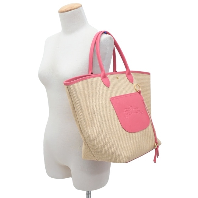 LONGCHAMP LE PANIER PLIAGE系列編織提籃包(大/暈紅)10308-HGK-633