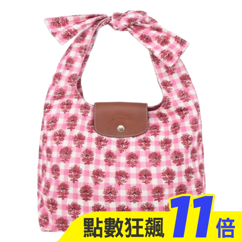 LONGCHAMP LE PLIAGE系列滿版格紋帆布蝴蝶結肩背包(中/暈紅)10303-HGG-633