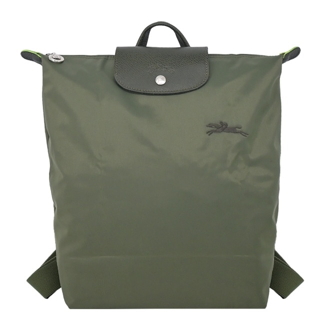 LONGCHAMP LE PLIAGE GREEN系列刺繡摺疊後背包(中/森林綠)10284-919-479