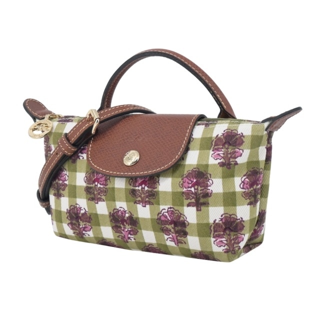 LONGCHAMP LE PLIAGE系列滿版格紋帆布斜背包(迷你/朝鮮薊綠)34205-HGG-M04
