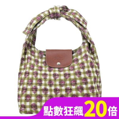 LONGCHAMP LONGCHAMP LE PLIAGE系列滿版格紋帆布蝴蝶結肩背包(中/綠)10303-HGG-M04
