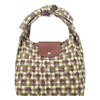 LONGCHAMP LONGCHAMP LE PLIAGE系列滿版格紋帆布蝴蝶結肩背包(中/綠)10303-HGG-M04