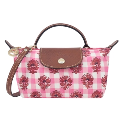 LONGCHAMP LONGCHAMP LE PLIAGE系列滿版格紋帆布斜背包(迷你/暈紅)34205-HGG-633