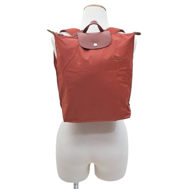 LONGCHAMP LE PLIAGE GREEN系列刺繡摺疊後背包(中/栗子紅)10284-919-404