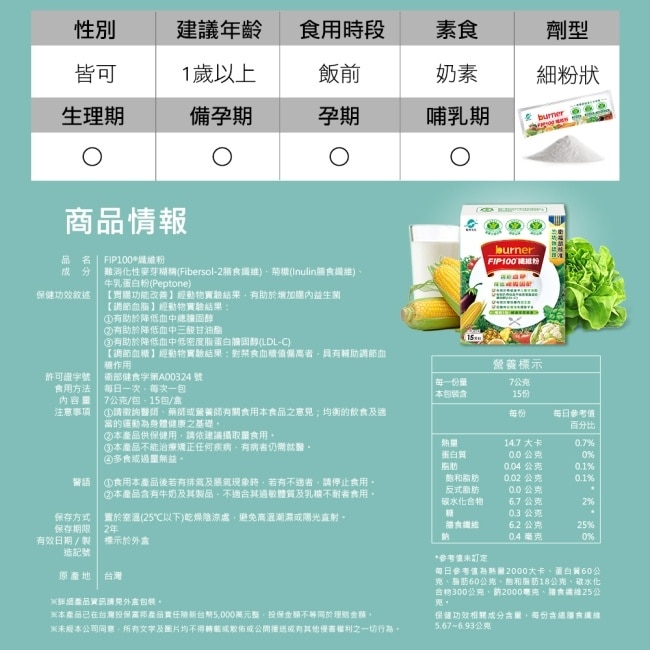 船井FIP100纖維粉7gX15包(王彩樺&宋芸樺、專科醫師共同推薦-三認證健康食品)