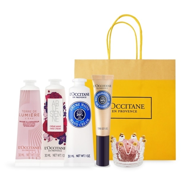 L’OCCITANE 歐舒丹 桃花朵朵護手水晶禮遇組-乳油木+亞爾緞帶+純境之光-國際航空版