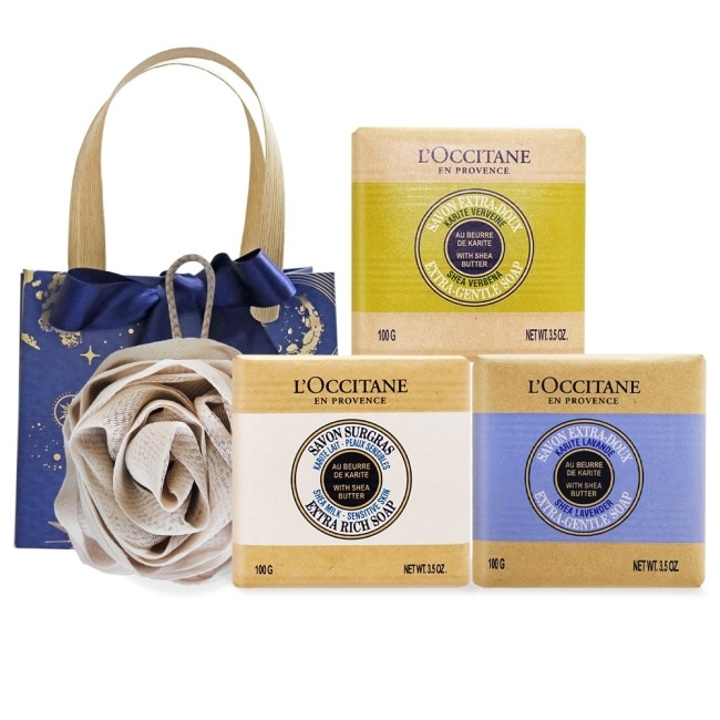 L’OCCITANE 歐舒丹 經典乳油木3入香皂A組[牛奶+馬鞭草+薰衣草]送沐浴球-專櫃公司貨