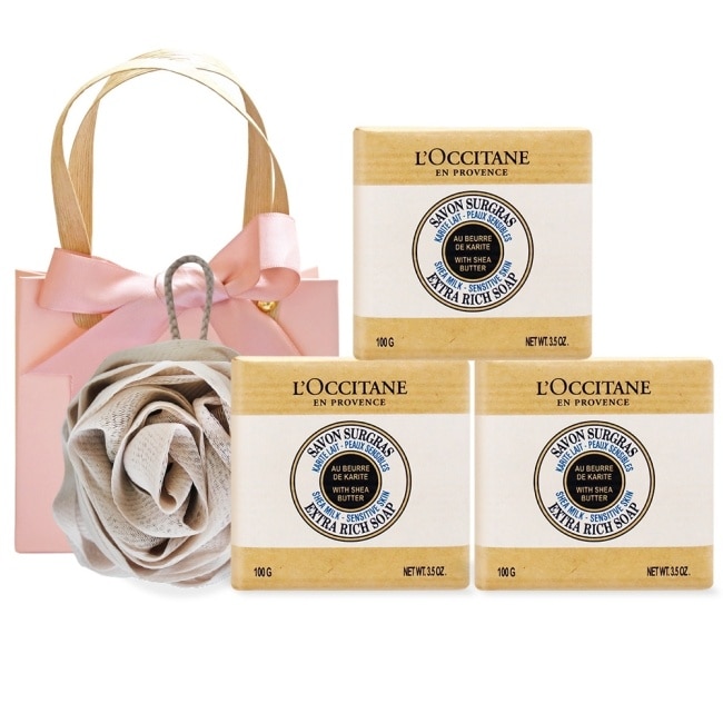 L’OCCITANE 歐舒丹 經典乳油木3入香皂B組[牛奶X3]送沐浴球-專櫃公司貨