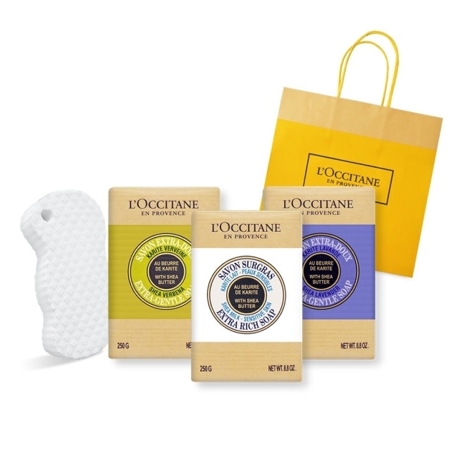 L’OCCITANE 歐舒丹 經典乳油木3入香皂海綿A組[薰衣草+馬鞭草+牛奶]送海綿-專櫃公司貨