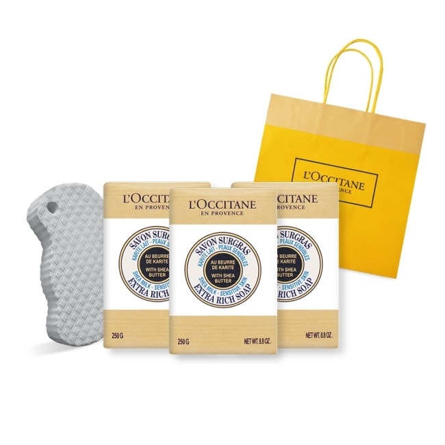 L’OCCITANE 歐舒丹 經典乳油木3入香皂海綿D組[牛奶X3]送海綿-專櫃公司貨