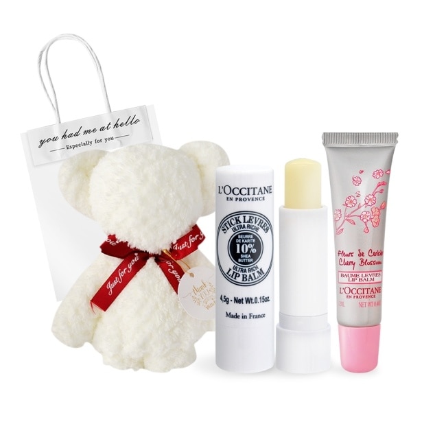 L’OCCITANE 歐舒丹 暢銷小熊護唇禮袋A組[乳油木+櫻花]-國際航空版
