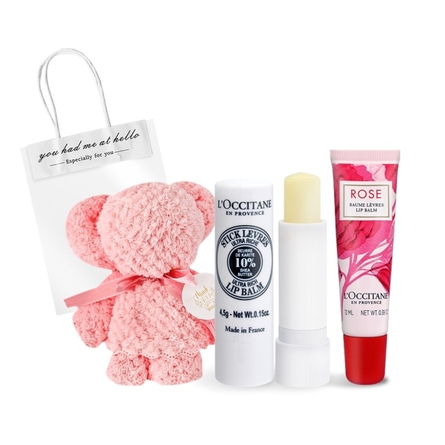 L’OCCITANE 歐舒丹 暢銷小熊護唇禮袋C組[乳油木+玫瑰]-國際航空版