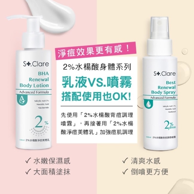 St.Clare聖克萊爾 2%水楊酸背痘噴霧+2%水楊酸淨痘美體乳+10%果酸煥白美體乳
