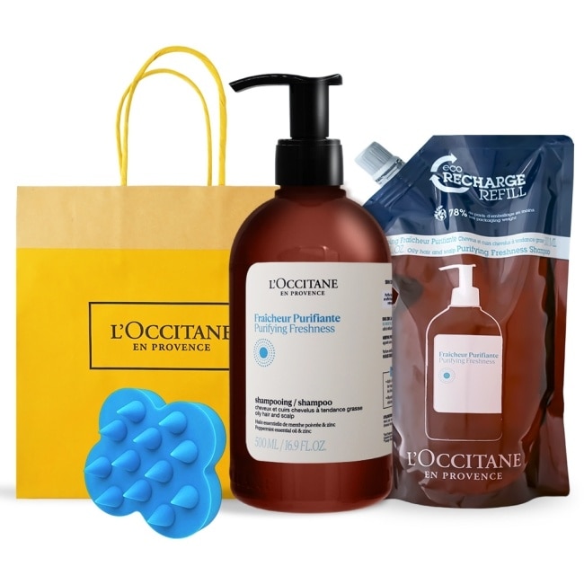 L’OCCITANE 歐舒丹 草本淨涼洗髮環保組[洗髮乳+補充包+頭皮按摩刷]-送禮首選-專櫃公司貨
