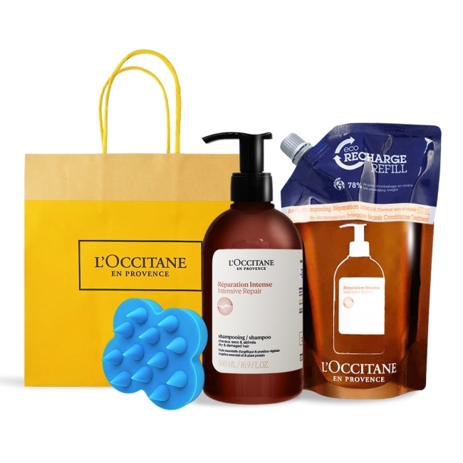 L’OCCITANE 歐舒丹 草本修護洗潤組[洗髮乳+潤髮乳補充+頭皮按摩刷]-國際航空版